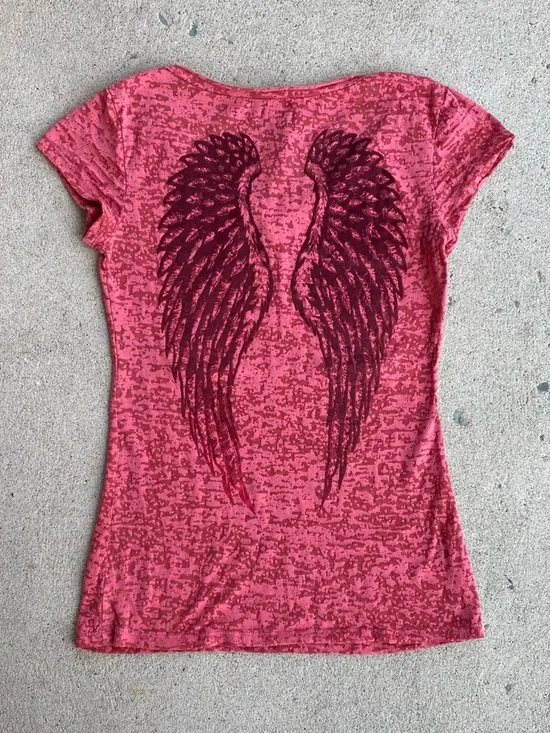 Y2k/Emo Pink Affliction Style Mesh Wings Tee - Picture 1 of 7